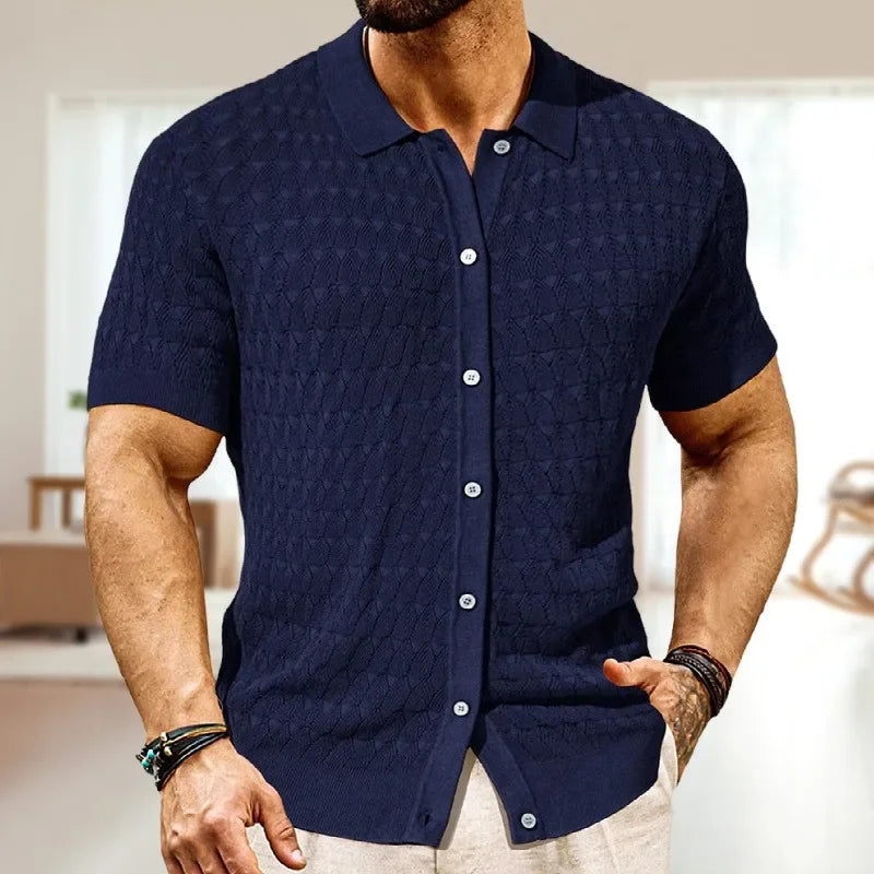 Chemise à manches courtes en crochet avec boutons et motif jacquard pour homme