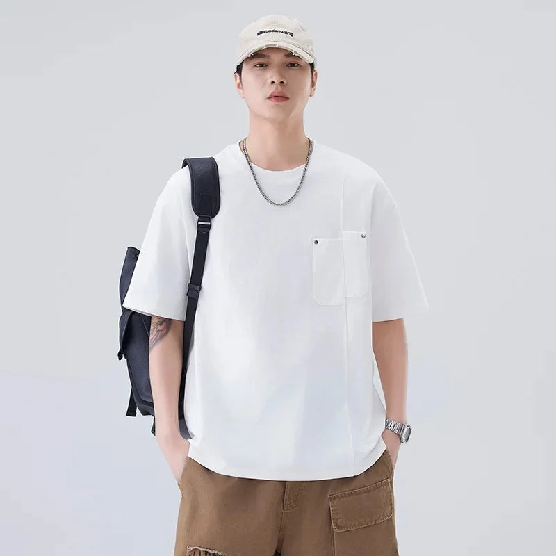 Chemise à col rond oversize décontractée à poches amples et manches courtes