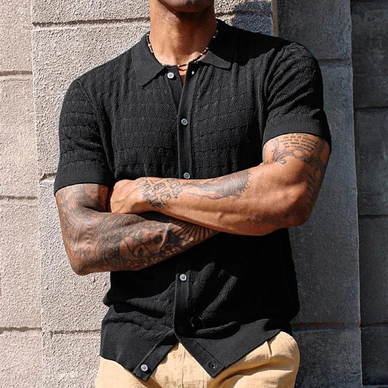 Chemise à manches courtes en crochet avec boutons et motif jacquard pour homme