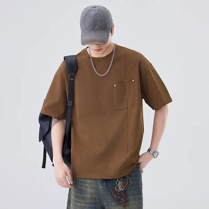 Chemise à col rond oversize décontractée à poches amples et manches courtes