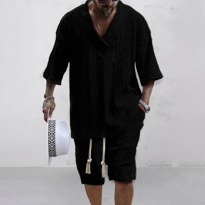 Deux ensemble pièces tricoté pour homme : haut col en V et short
