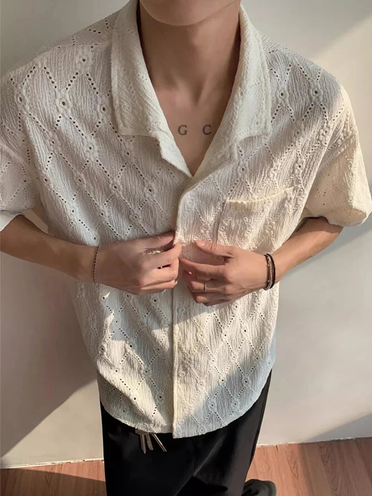 Chemise boutonnée décontractée en tricot vintage ajourée pour homme