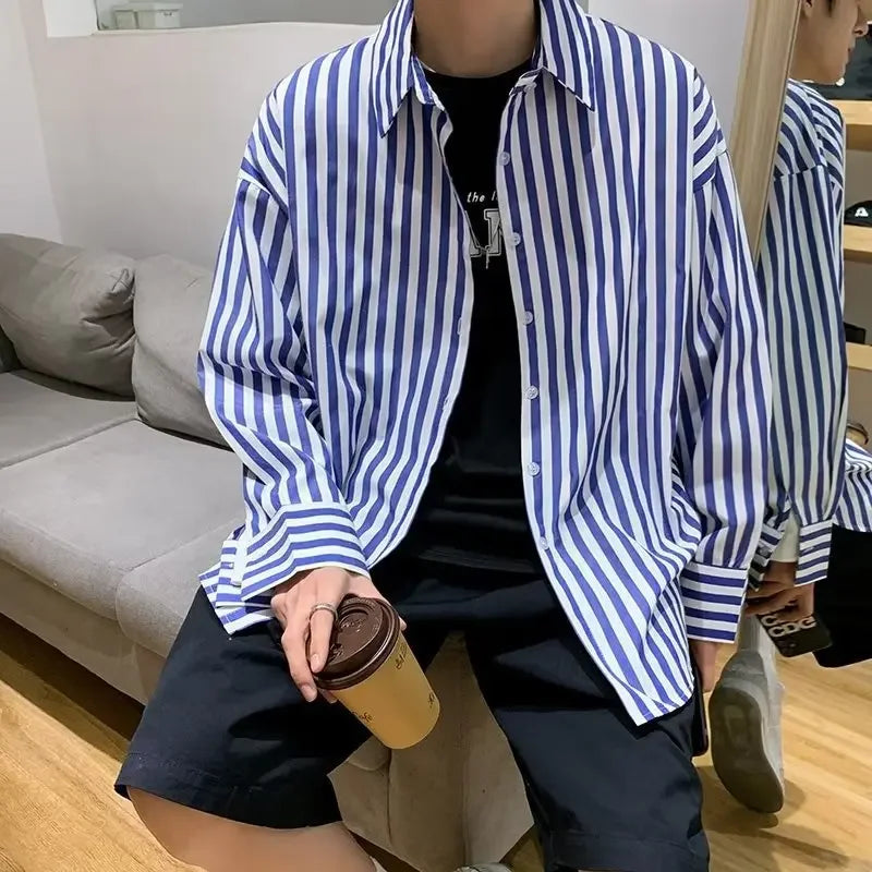 Chemises boutonnées à manches longues et rayures coupe ample pour homme