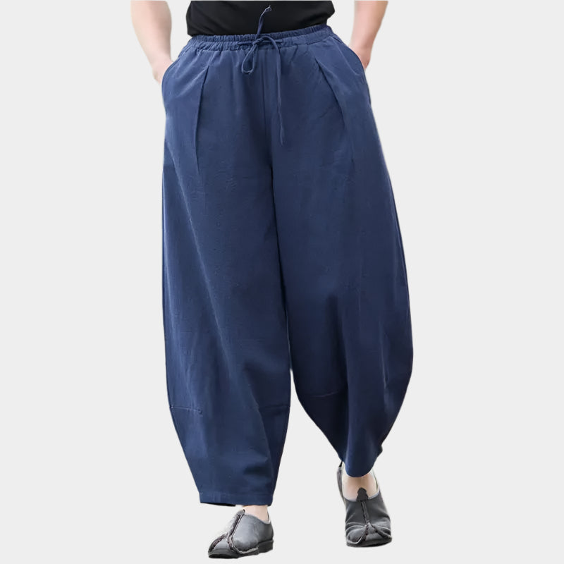 Pantalon de lin coupe ample avec taille élastique et lien à la cheville