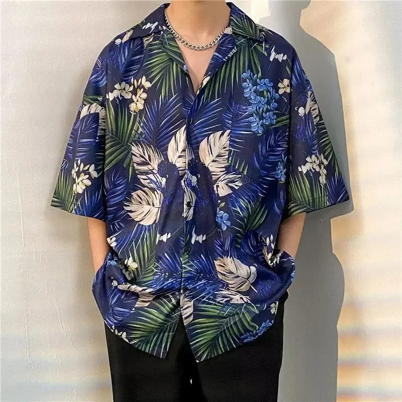 Chemise jacquard en soie glacée à col cubain et motif floral – Style rétro été pour homme