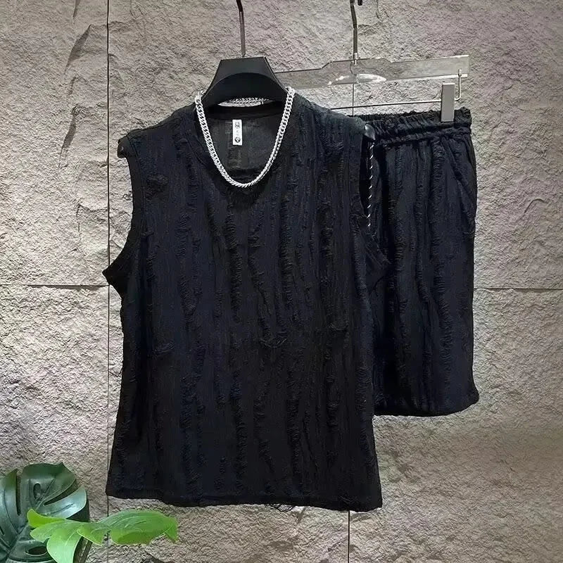 Ensemble deux pièces, haut sans manches et short, effet usé, pour homme