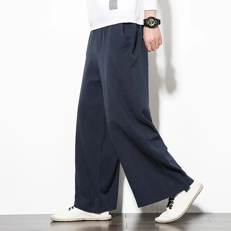 Pantalon ample en coton et lin pour homme, coupe droite et large