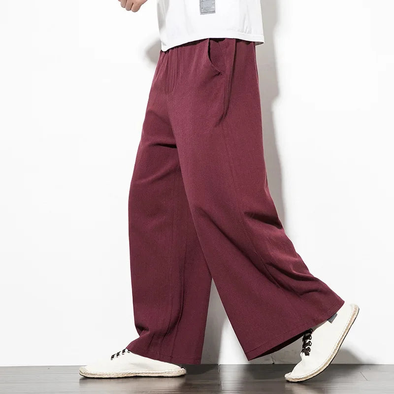 Pantalon ample en coton et lin pour homme, coupe droite et large