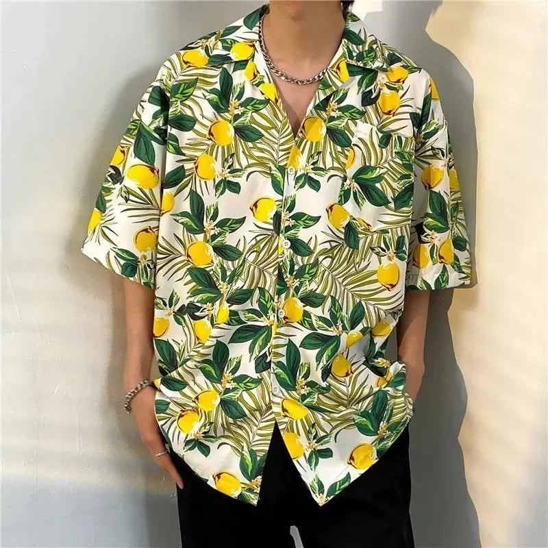 Chemise jacquard en soie glacée à col cubain et motif floral – Style rétro été pour homme