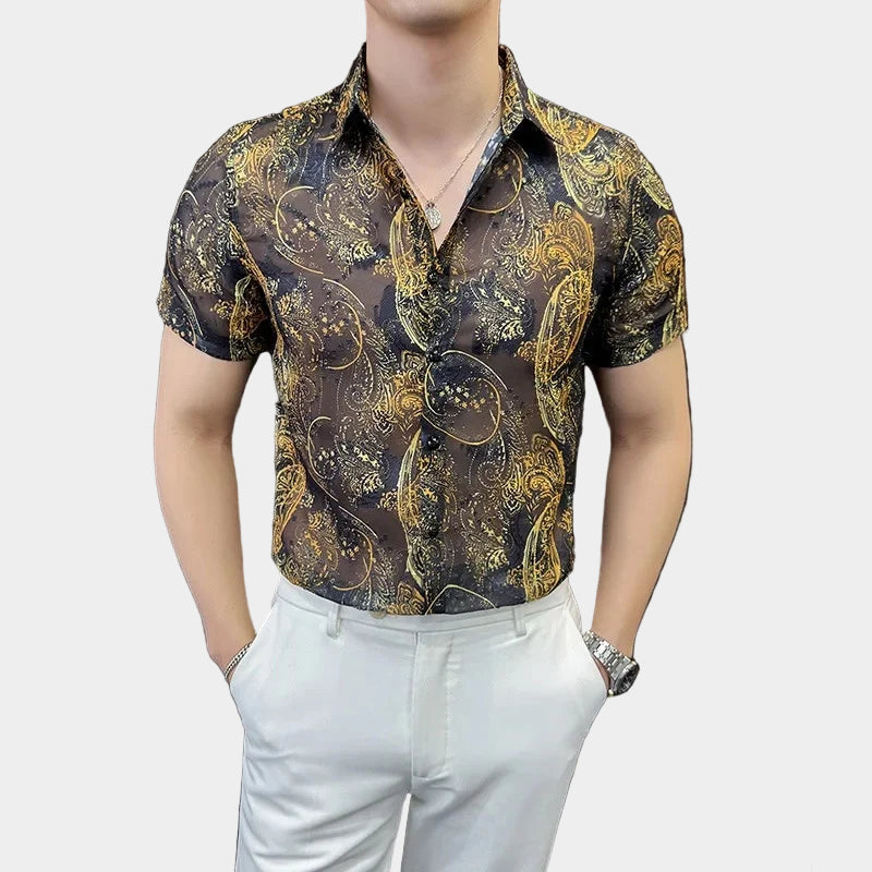 Chemise jacquard à manches courtes et motif floral de style coréen pour homme