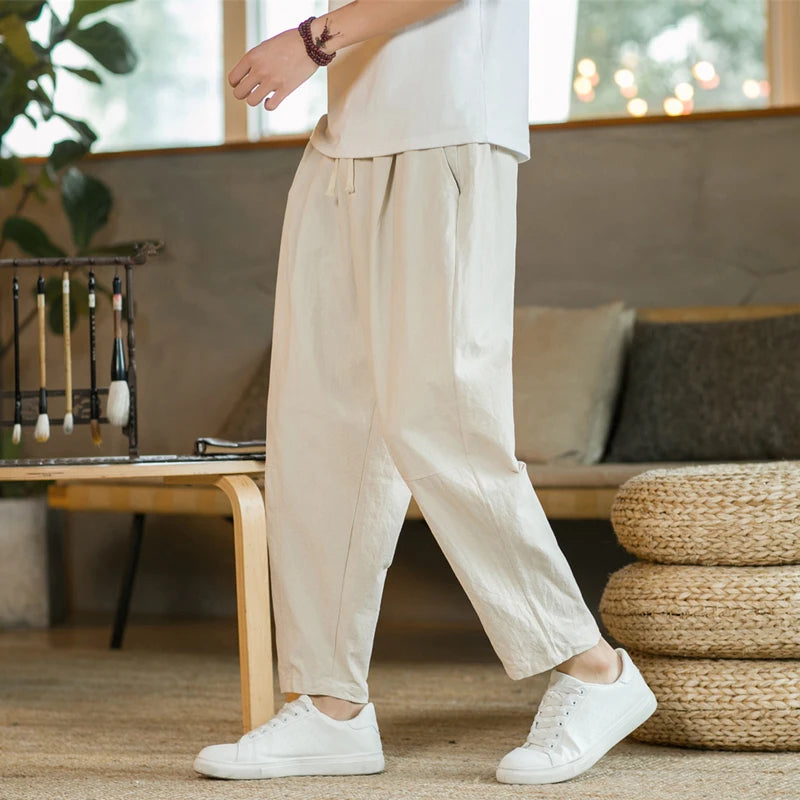 Pantalon de lin coupe décontractée avec cordon de serrage et design respirant