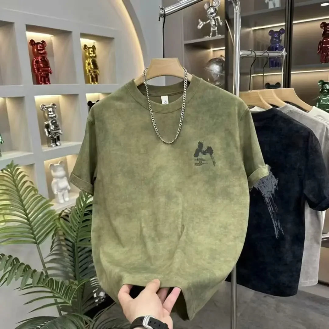 Chemise à col rond décontractée délavée à imprimé lettres pour hommes