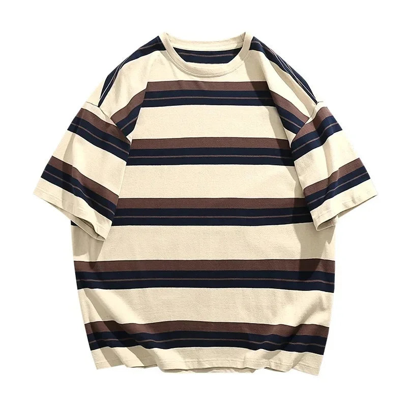 Chemise à col rond à manches courtes rayée, style décontracté et ample