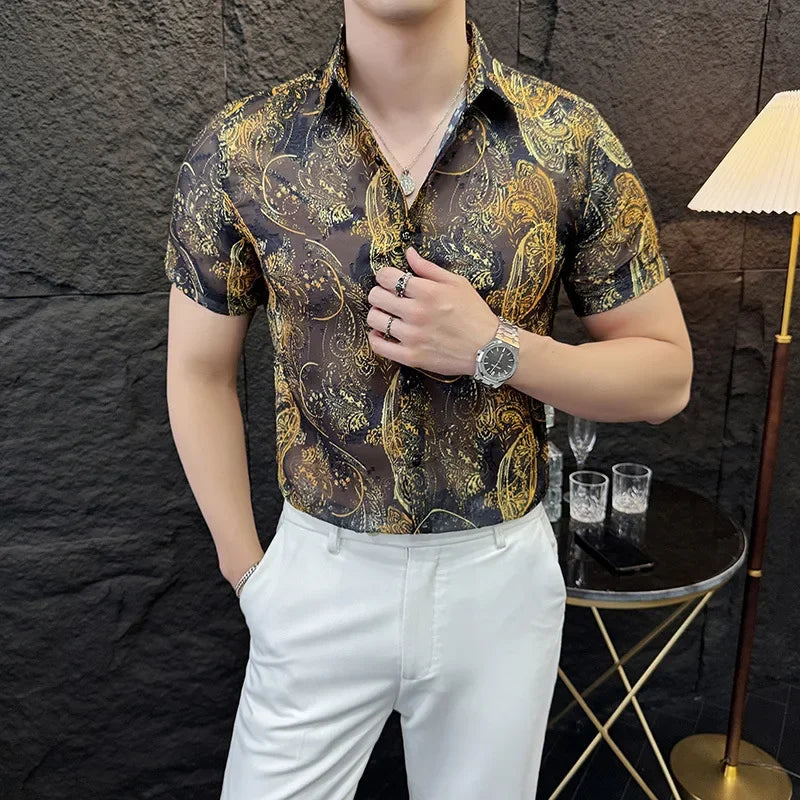 Chemise jacquard à manches courtes et motif floral de style coréen pour homme