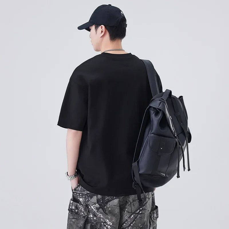 Chemise à col rond oversize décontractée à poches amples et manches courtes