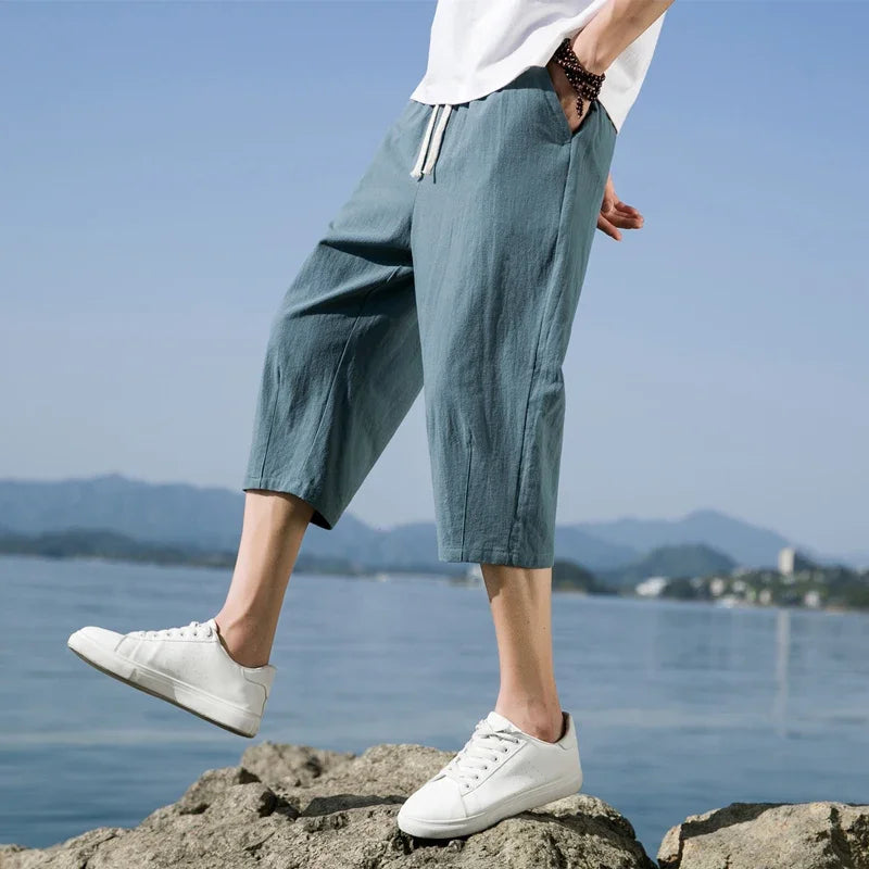Short d'été décontracté en coton et lin pour homme, taille élastique ample