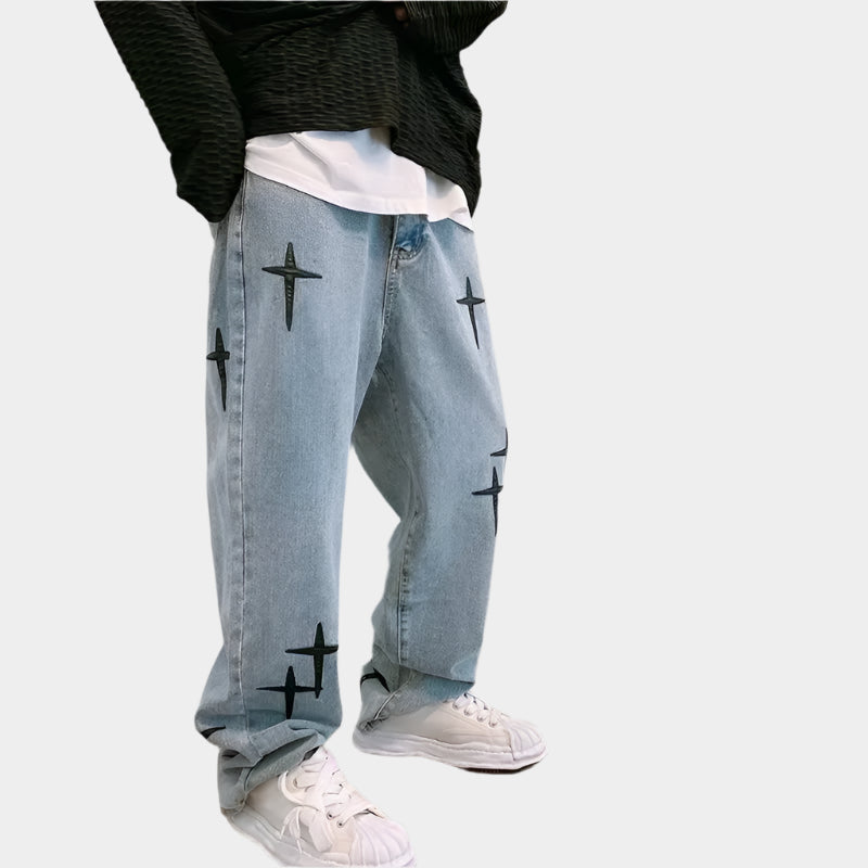 Jean imprimé, pantalon ample à jambes larges – denim streetwear pour homme