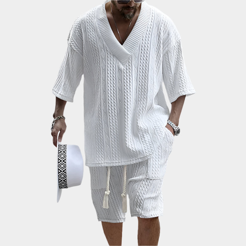 Deux ensemble pièces tricoté pour homme : haut col en V et short