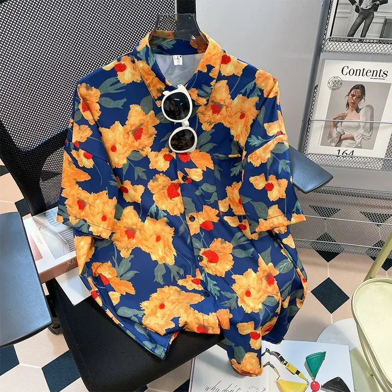Chemise boutonnée d'été à imprimé dessin animé hawaïen - Décontractée et ample