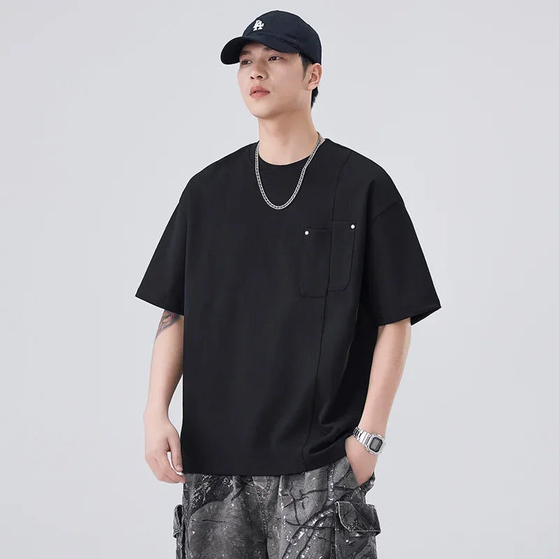 Chemise à col rond oversize décontractée à poches amples et manches courtes
