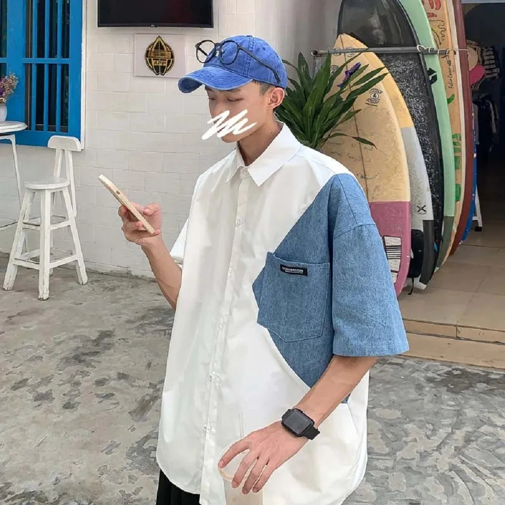 Chemise en jean ample et décontractée d'été avec patchwork en denim