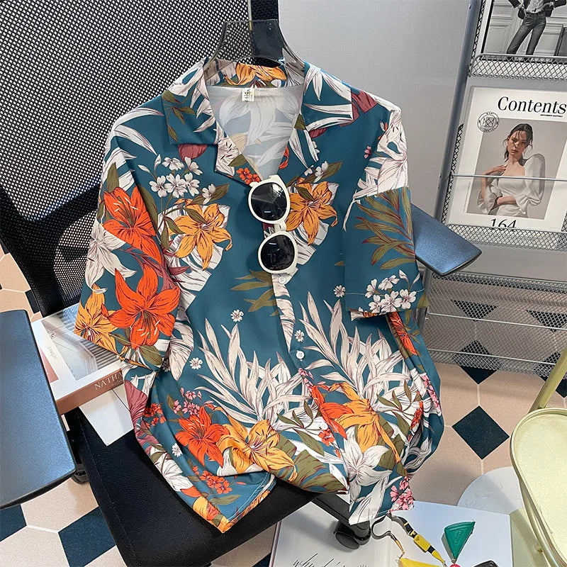 Chemise boutonnée d'été à imprimé dessin animé hawaïen - Décontractée et ample