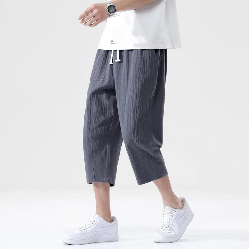 Short d'été décontracté en coton et lin pour homme, taille élastique ample