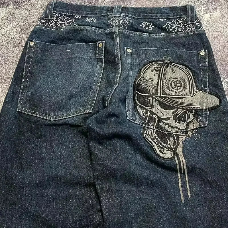 Pantalon ample brodé tête de mort pour homme – Streetwear à jambes larges