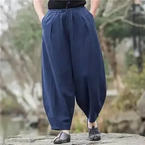 Pantalon de lin coupe ample avec taille élastique et lien à la cheville