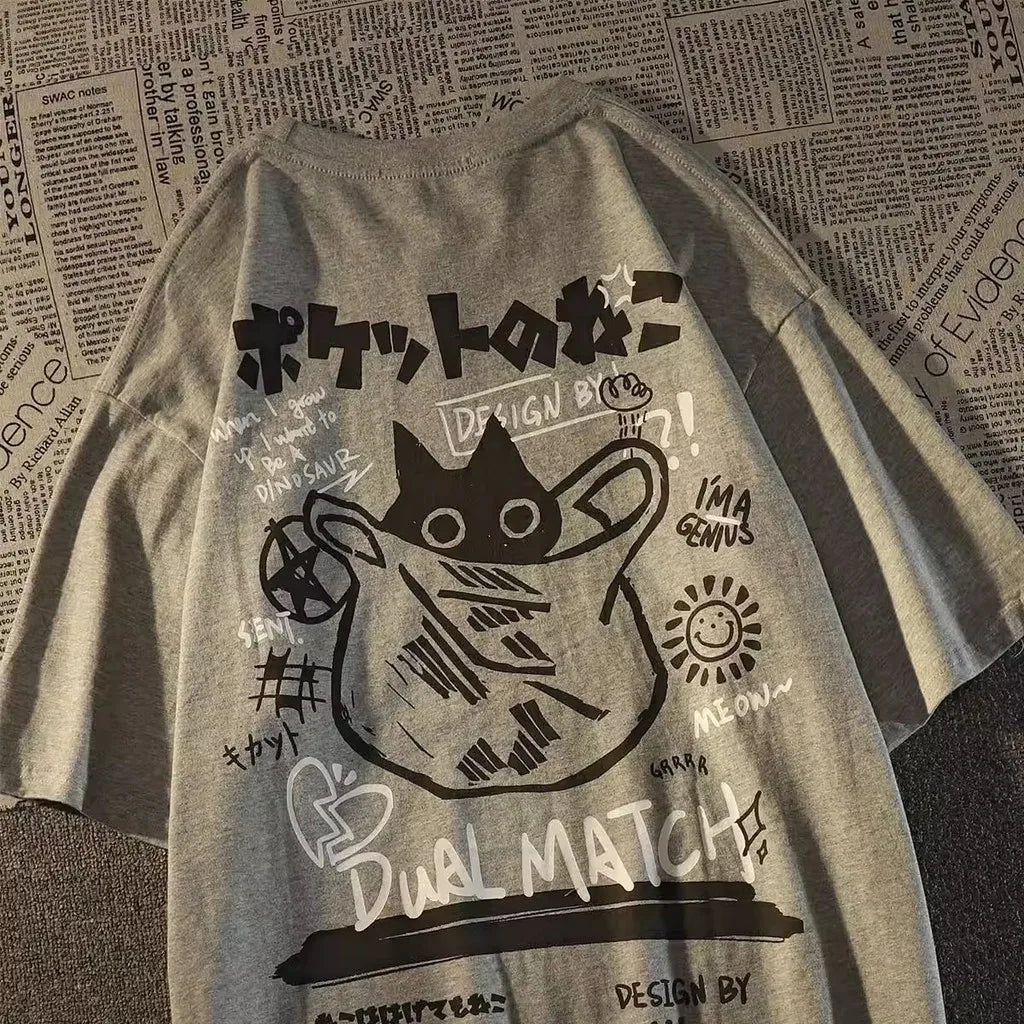 T-shirt graphique à poche avec motif chat - Streetwear de style japonais