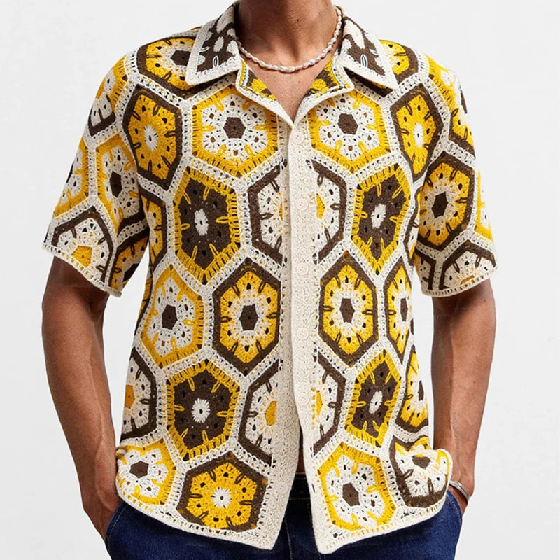 Chemises au crochet à col cubain et motif floral pour homme - vintage été élégant