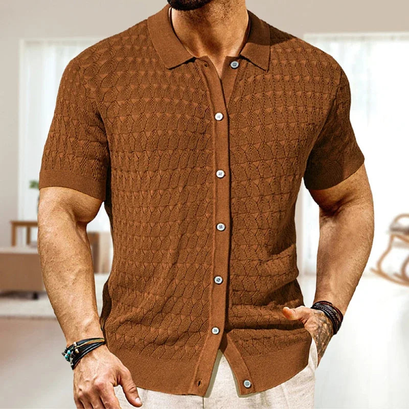 Chemise à manches courtes en crochet avec boutons et motif jacquard pour homme