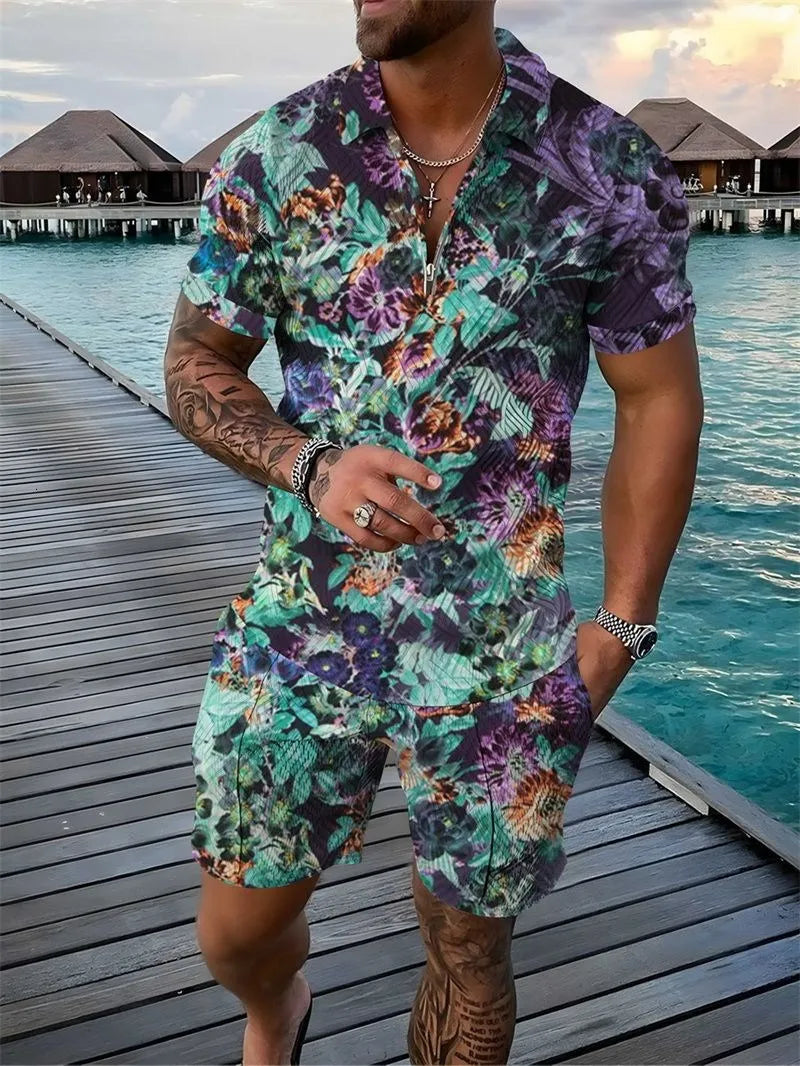 Deux ensembles polo fleuri et short pour homme – Ensemble décontracté d'été