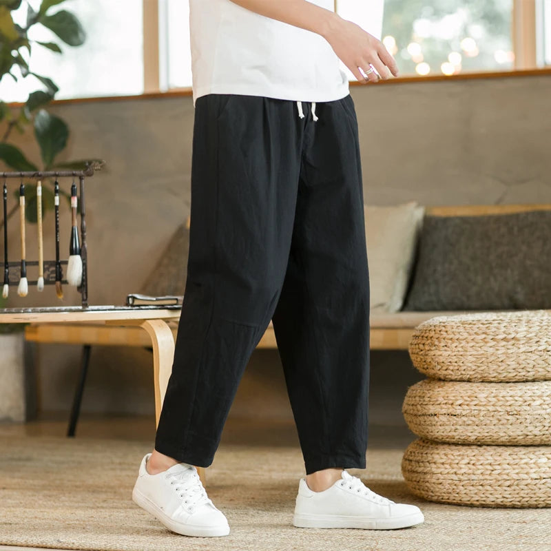 Pantalon de lin coupe décontractée avec cordon de serrage et design respirant