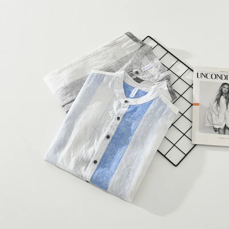 Chemise décontractée à rayures en lin frais à manches courtes pour homme