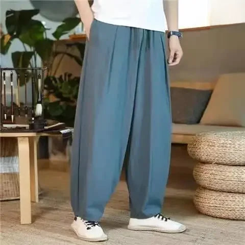 Pantalon de lin coupe ample avec taille élastique et lien à la cheville