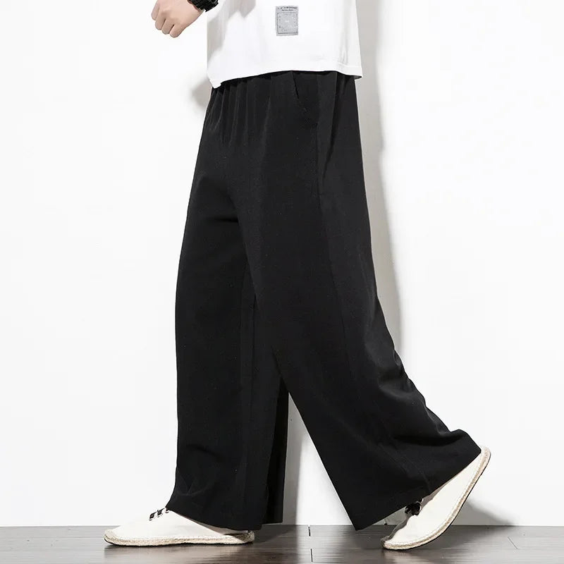 Pantalon ample en coton et lin pour homme, coupe droite et large
