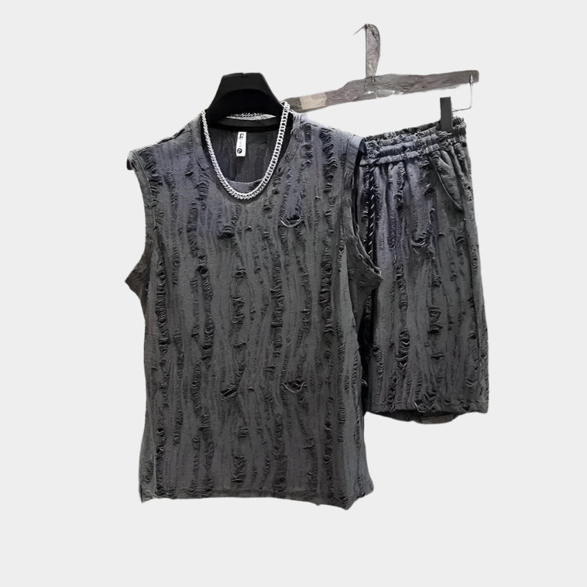 Ensemble deux pièces, haut sans manches et short, effet usé, pour homme
