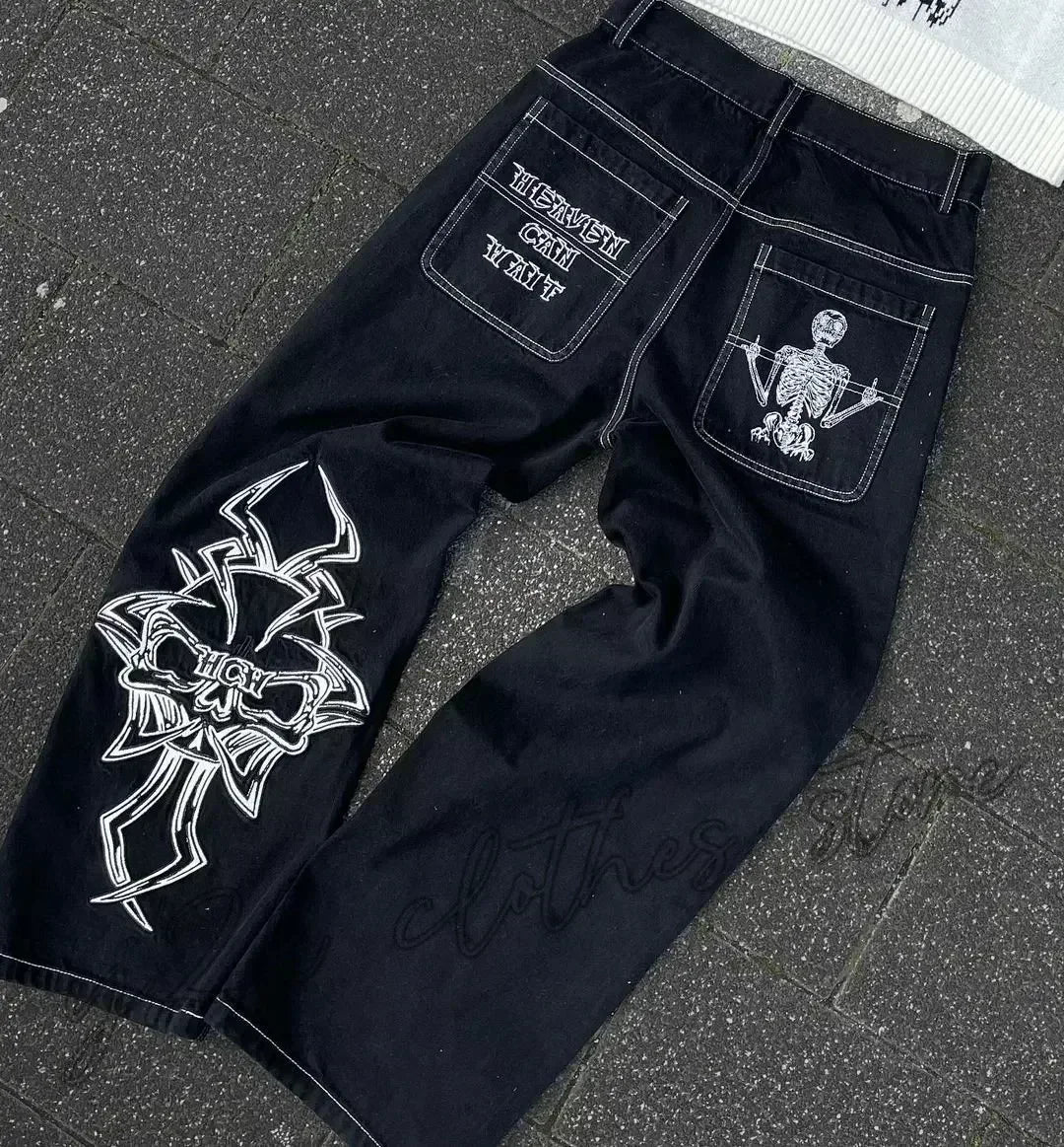 Pantalon ample brodé tête de mort pour homme – Streetwear à jambes larges