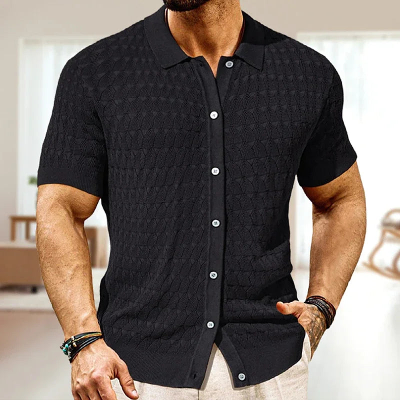 Chemise à manches courtes en crochet avec boutons et motif jacquard pour homme