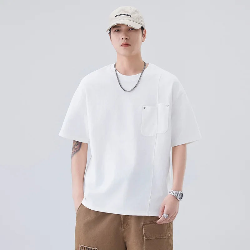 Chemise à col rond oversize décontractée à poches amples et manches courtes