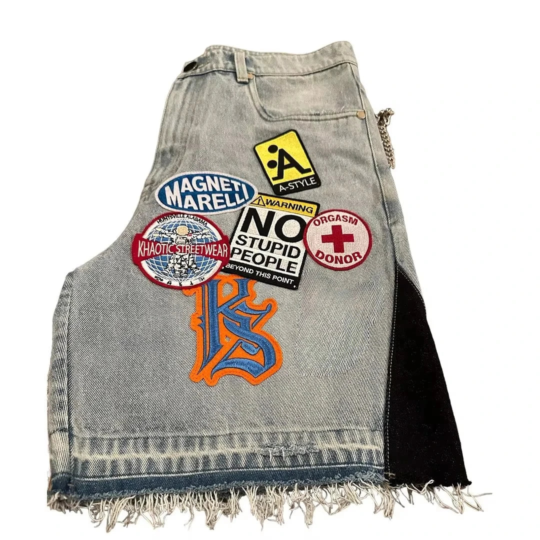Patchwork rétro streetwear en denim Jorts avec motifs de dessins animés
