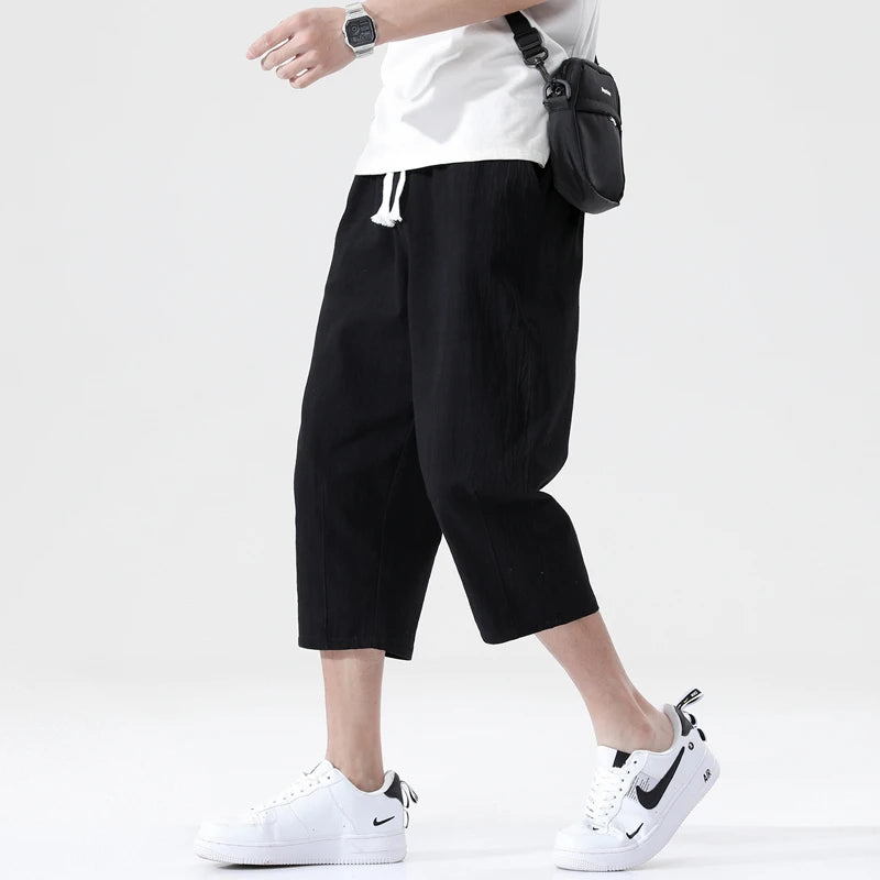 Short d'été décontracté en coton et lin pour homme, taille élastique ample