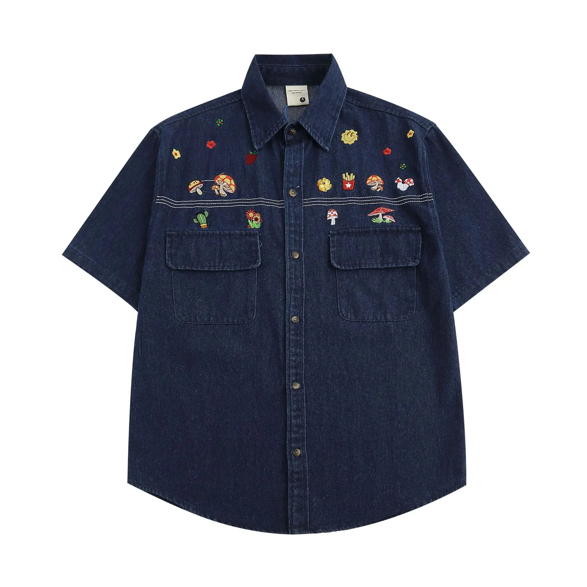 Chemise en jean multipoches à motif de dessin animé brodé pour homme