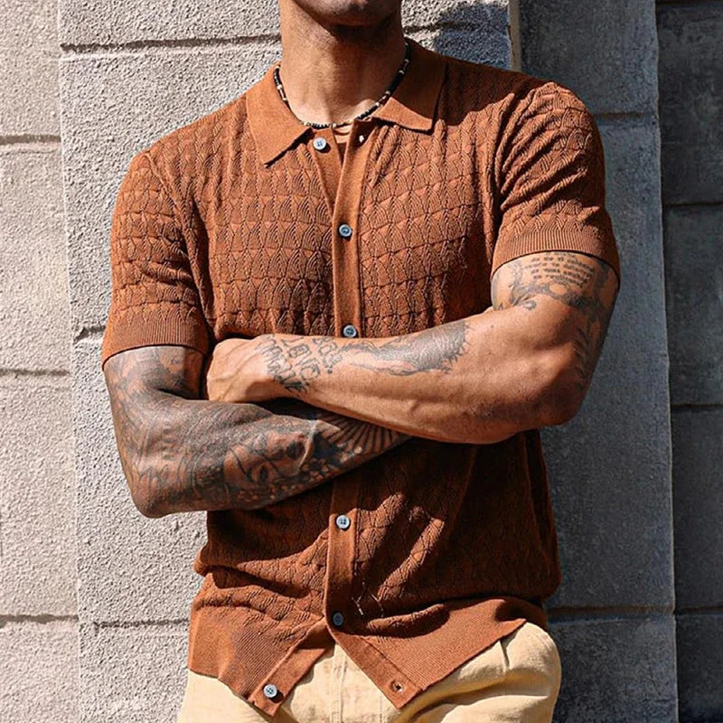 Chemise à manches courtes en crochet avec boutons et motif jacquard pour homme