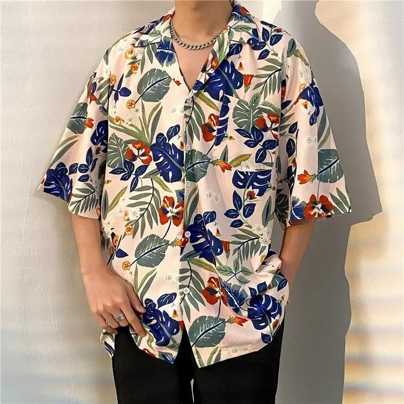 Chemise jacquard en soie glacée à col cubain et motif floral – Style rétro été pour homme
