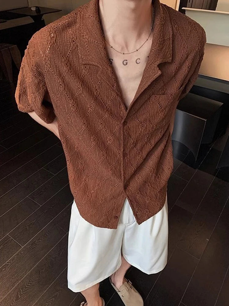 Chemise boutonnée décontractée en tricot vintage ajourée pour homme