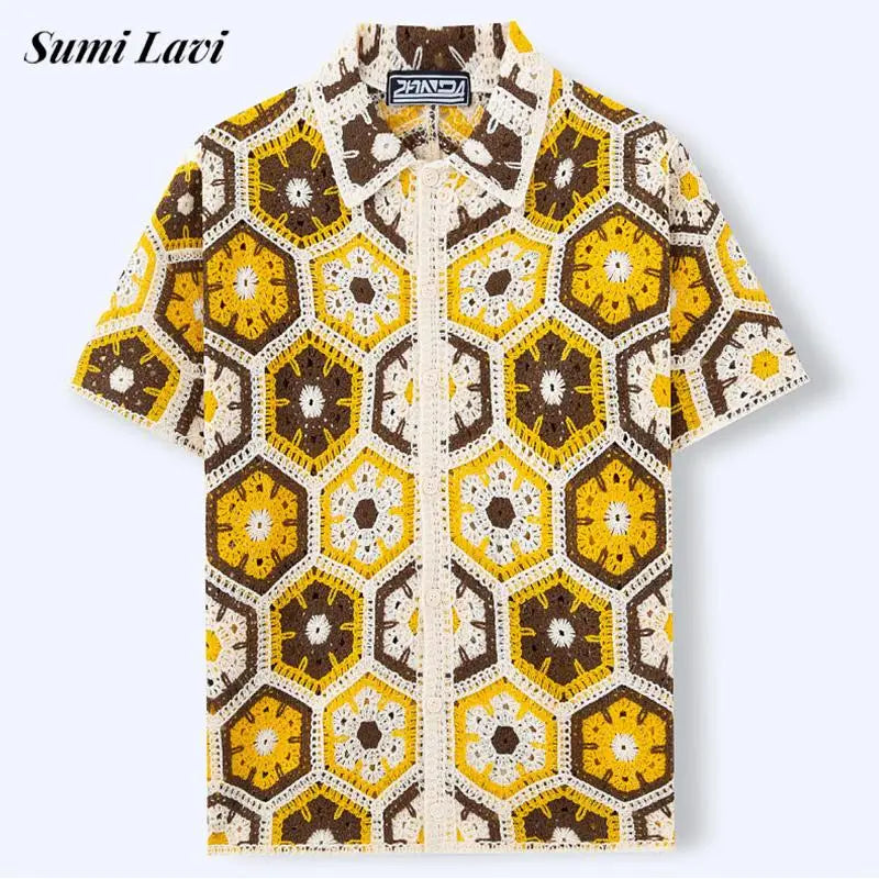 Chemises au crochet à col cubain et motif floral pour homme - vintage été élégant