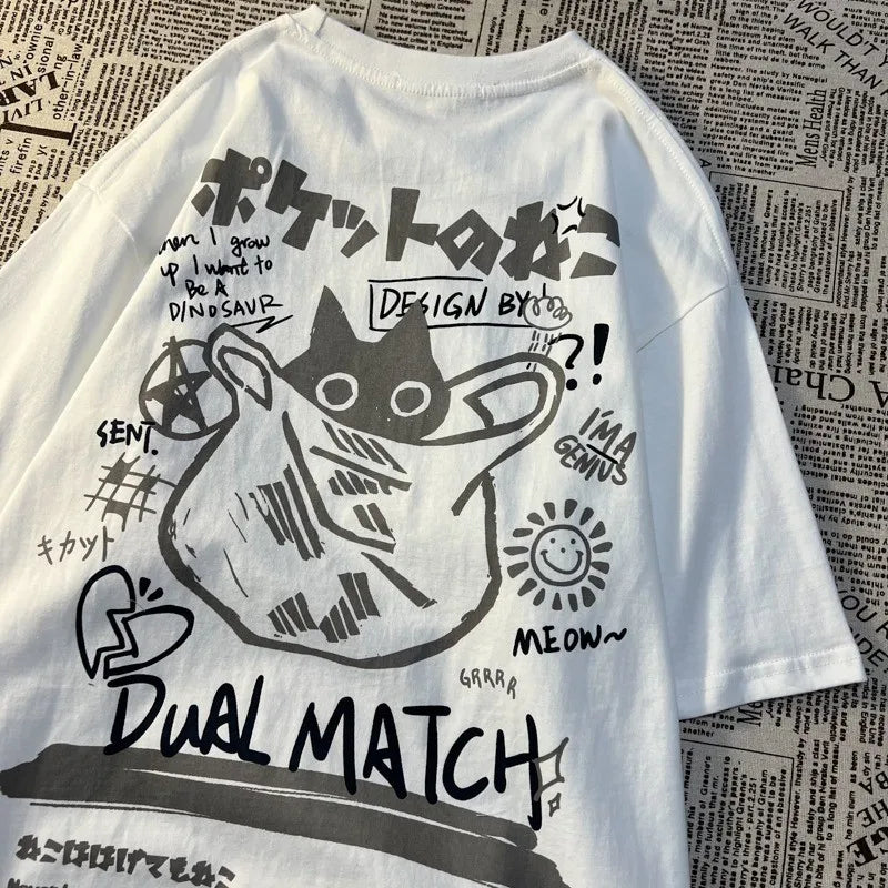 T-shirt graphique à poche avec motif chat - Streetwear de style japonais
