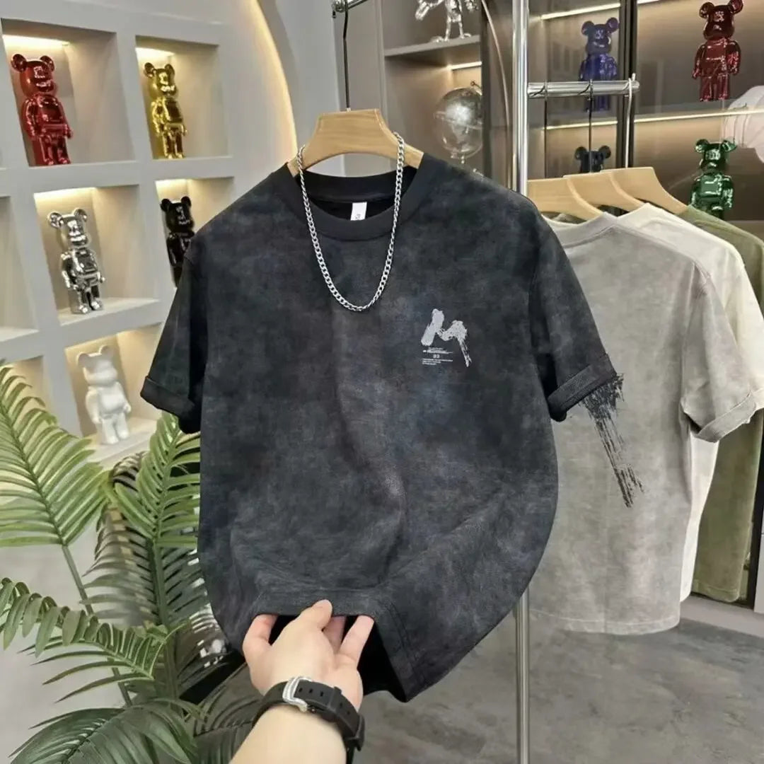 Chemise à col rond décontractée délavée à imprimé lettres pour hommes